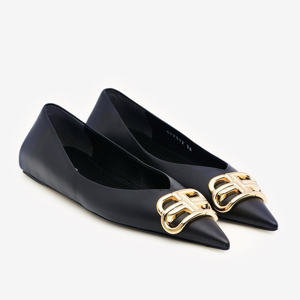 Balenciaga Black Pointed Leather Flats with Gold Double BB Buckle